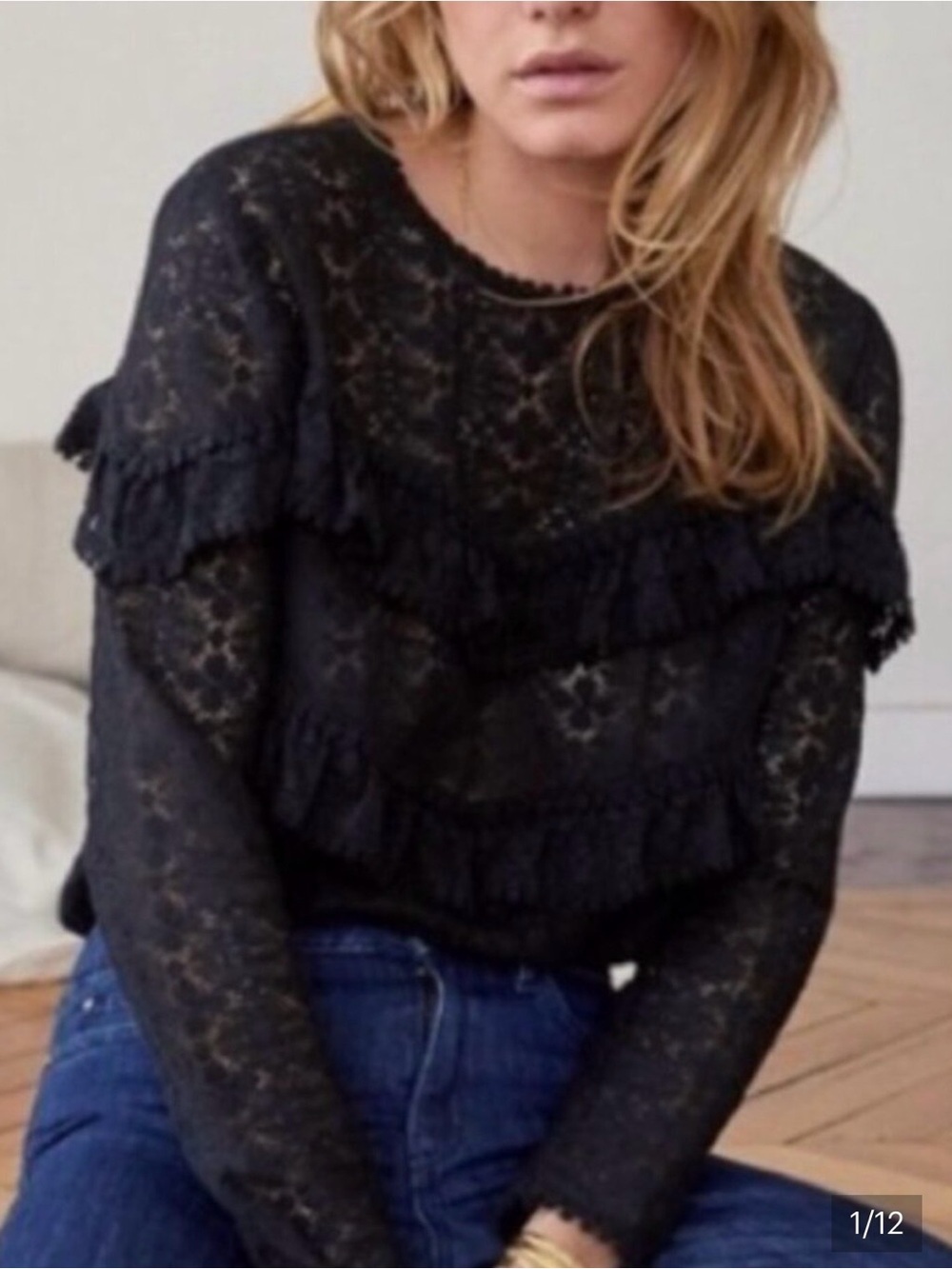 Sezane Black Lace Ruffle Long Sleeve Top